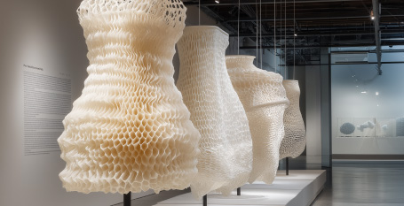 Three dresses mde of honeycomb textured future fabric.