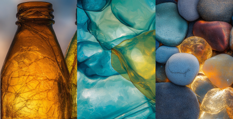 Collage of plastic bottles and plastic shards.